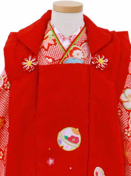 赤の疋田地に四季花の被布コートセット／七五三・三歳女の子