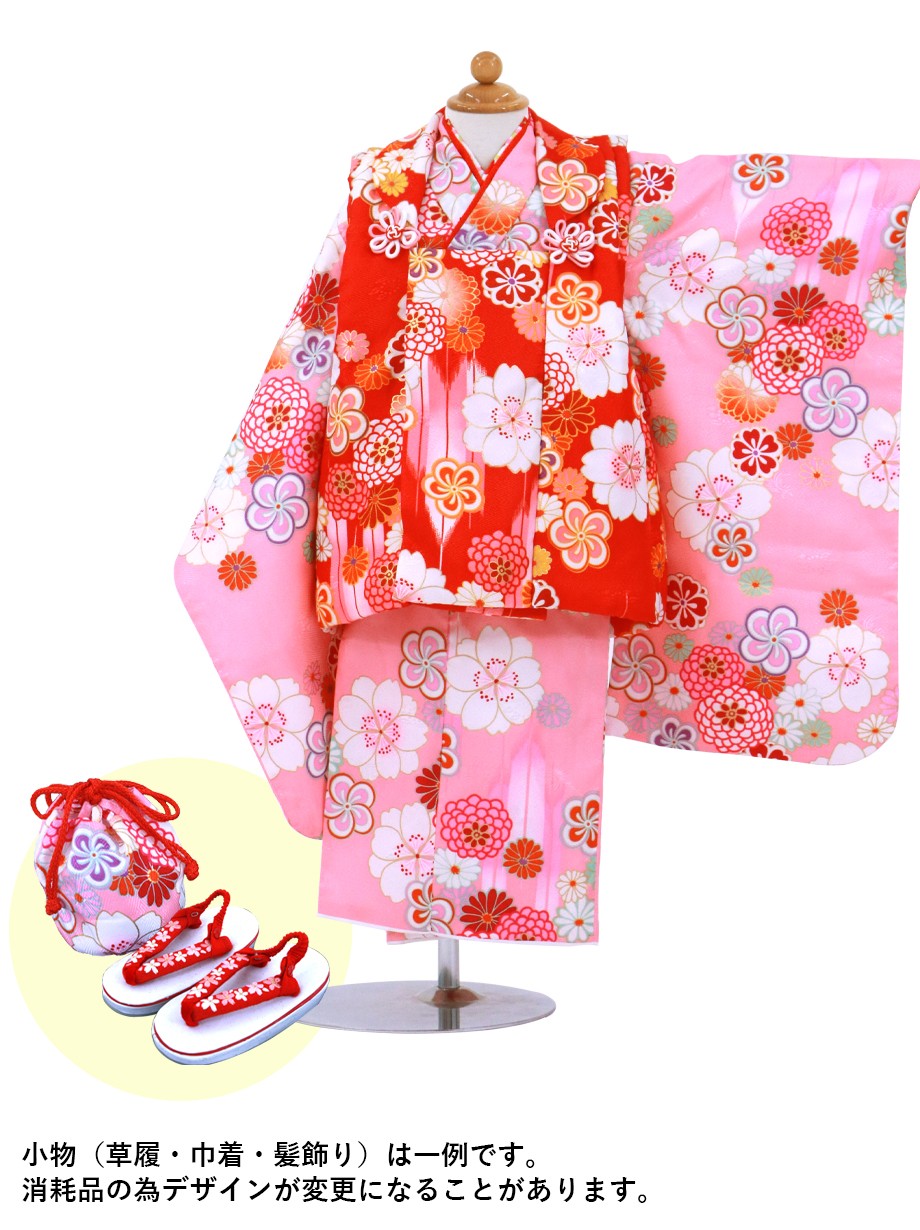 ピンク地に桜と菊、赤の被布コートセット／七五三・三歳女の子