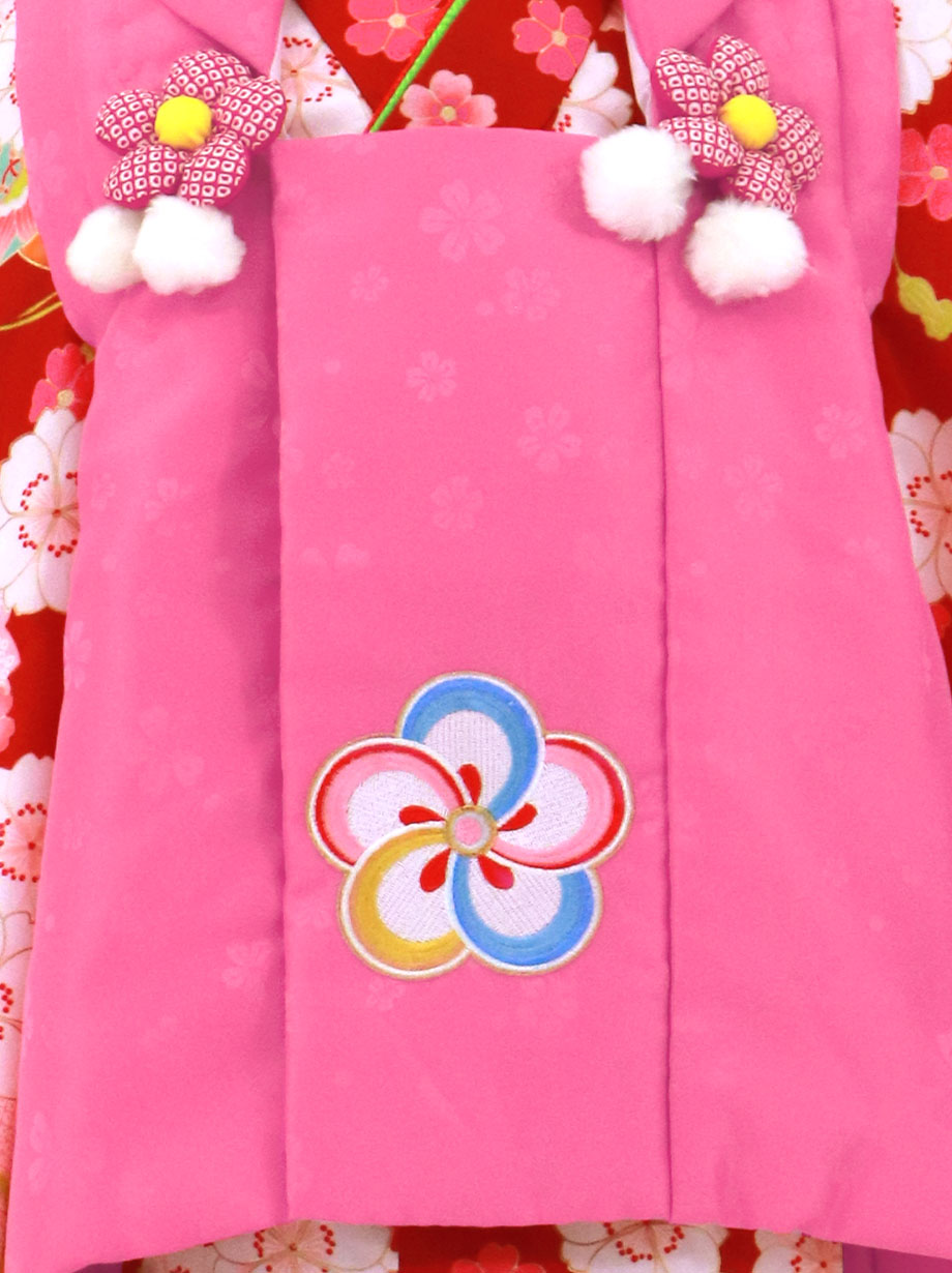 赤地に桜、ピンクの被布コートセット／七五三・三歳女の子