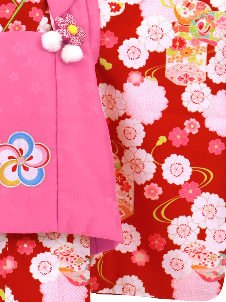 赤地に桜、ピンクの被布コートセット／七五三・三歳女の子