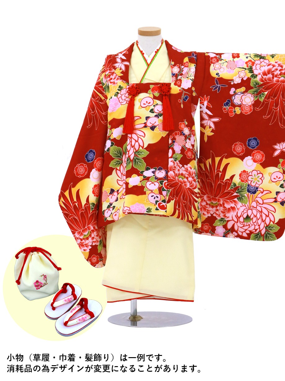 クリームイエローの着物と臙脂に菊の被布コートセット