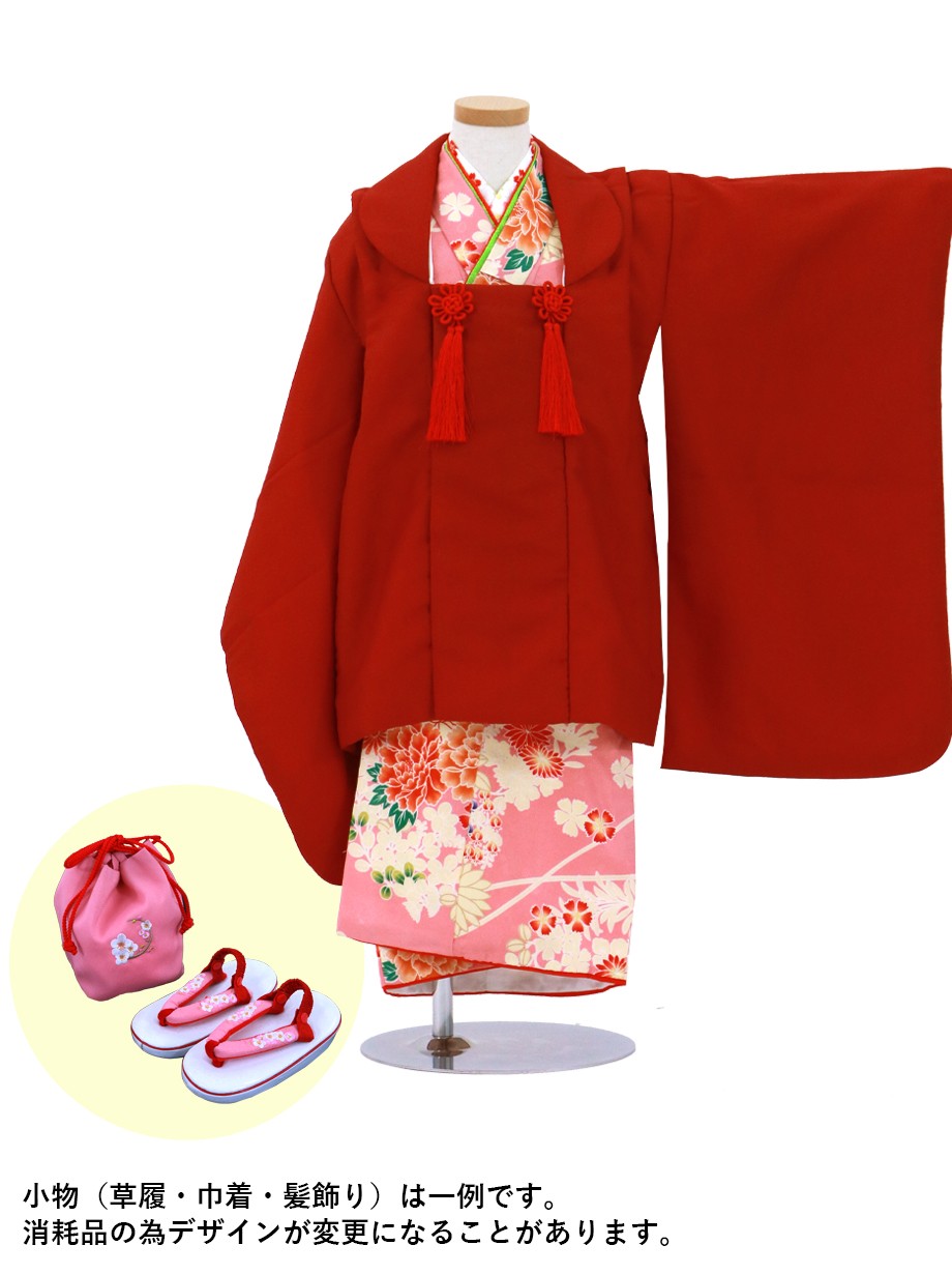 ピンクに牡丹と萩の着物、赤の被布コートセット／七五三・三歳女の子
