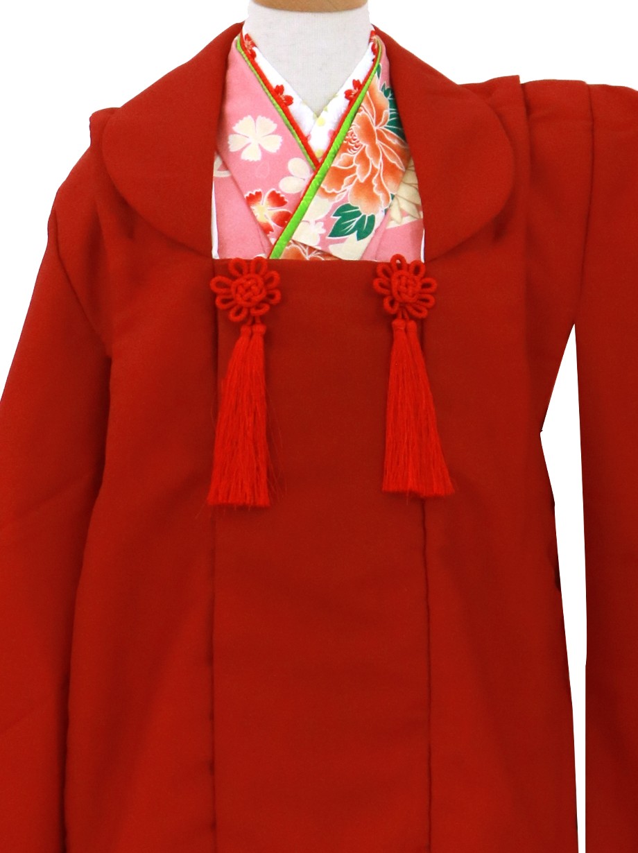 ピンクに牡丹と萩の着物、赤の被布コートセット／七五三・三歳女の子