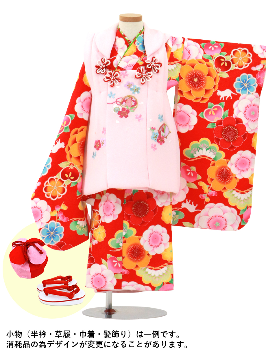 赤地にカラフルな八重桜と桜色の被布コートセット 七五三 三歳女の子