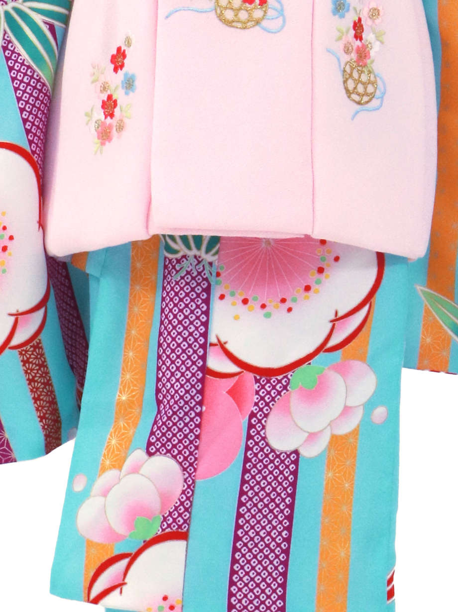 水色地に縞と梅、桜色の被布コートセット／七五三・三歳女の子