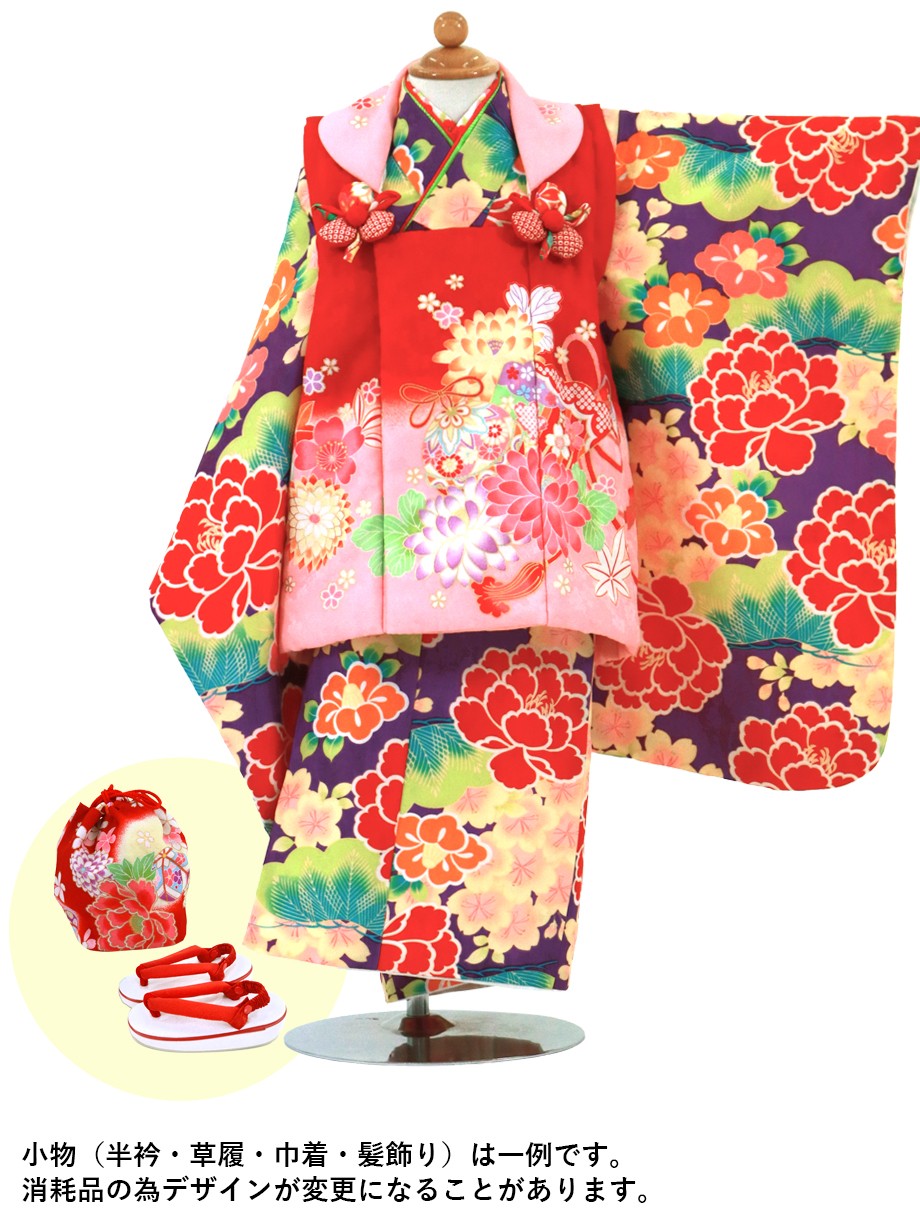紫地に牡丹、椿、桜の着物、赤とピンクの被布コートセット／七五三・三歳女の子