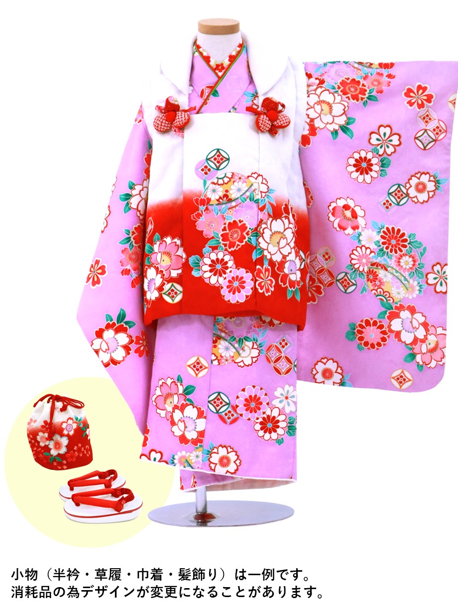 淡紫地に八重桜と鞠、白と赤の被布コートセット／七五三・三歳女の子