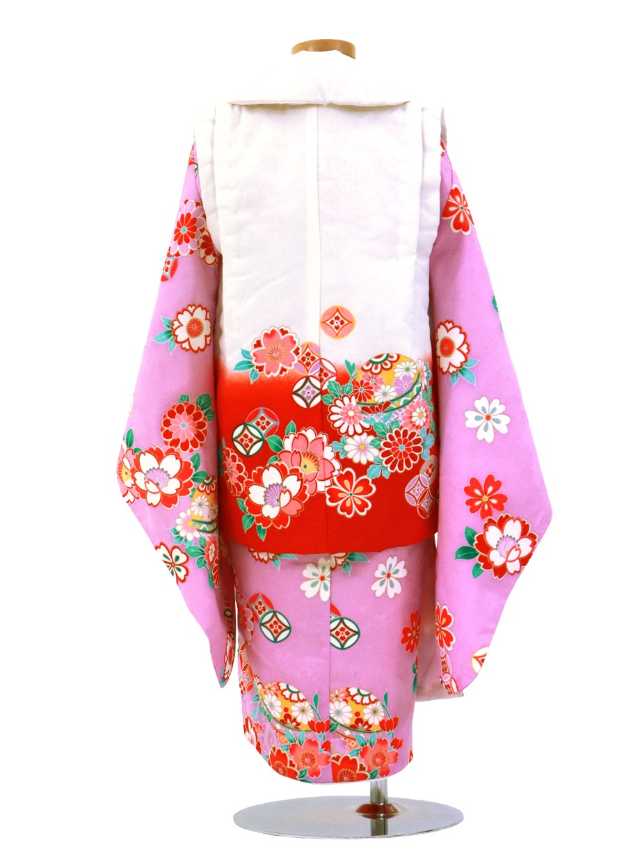 淡紫地に八重桜と鞠、白と赤の被布コートセット／七五三・三歳女の子