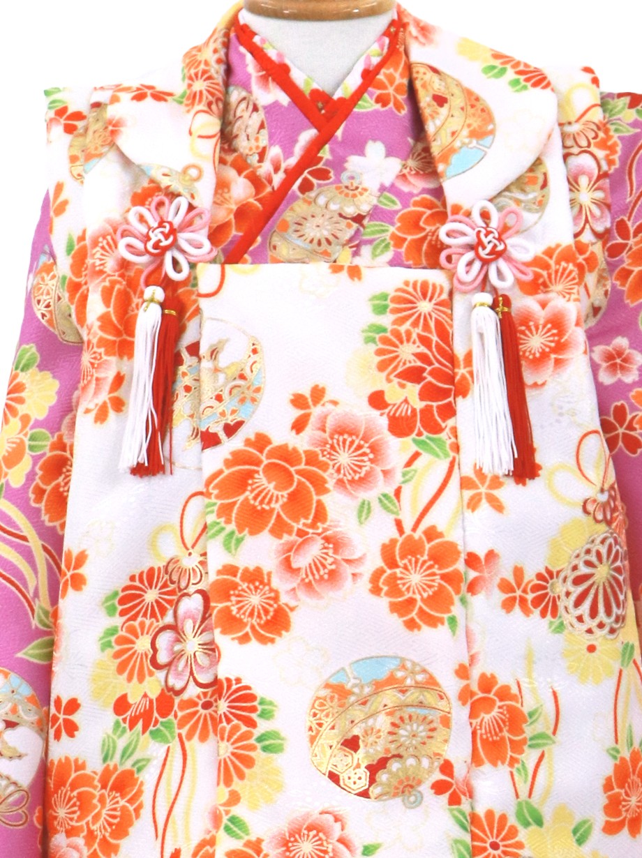 紫地に桜と鈴、白の被布コートセット／七五三・三歳女の子