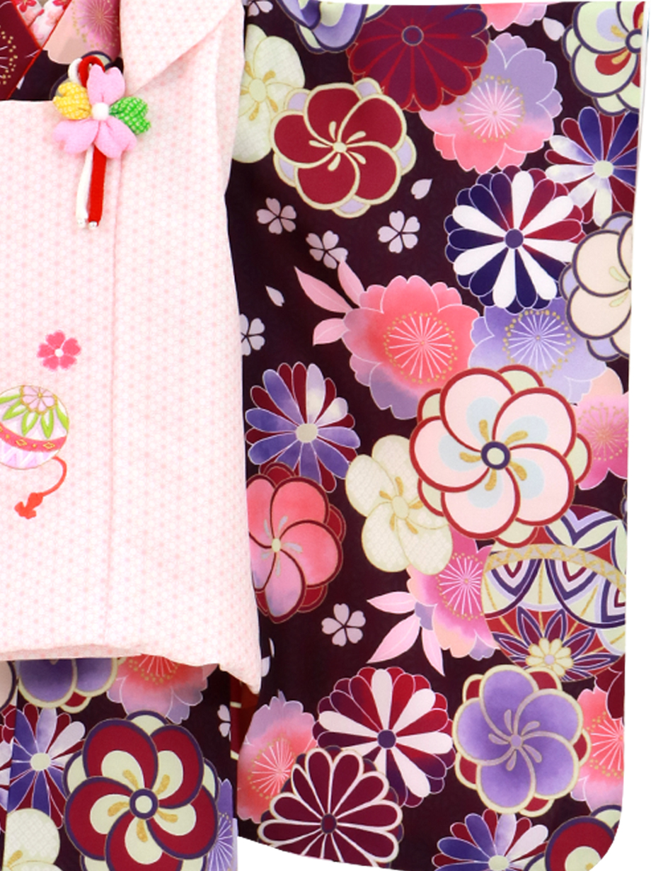 赤紫地に鞠とねじ梅、菊の着物、ピンク地の麻の葉模様の被布コートセット／七五三・三歳女の子