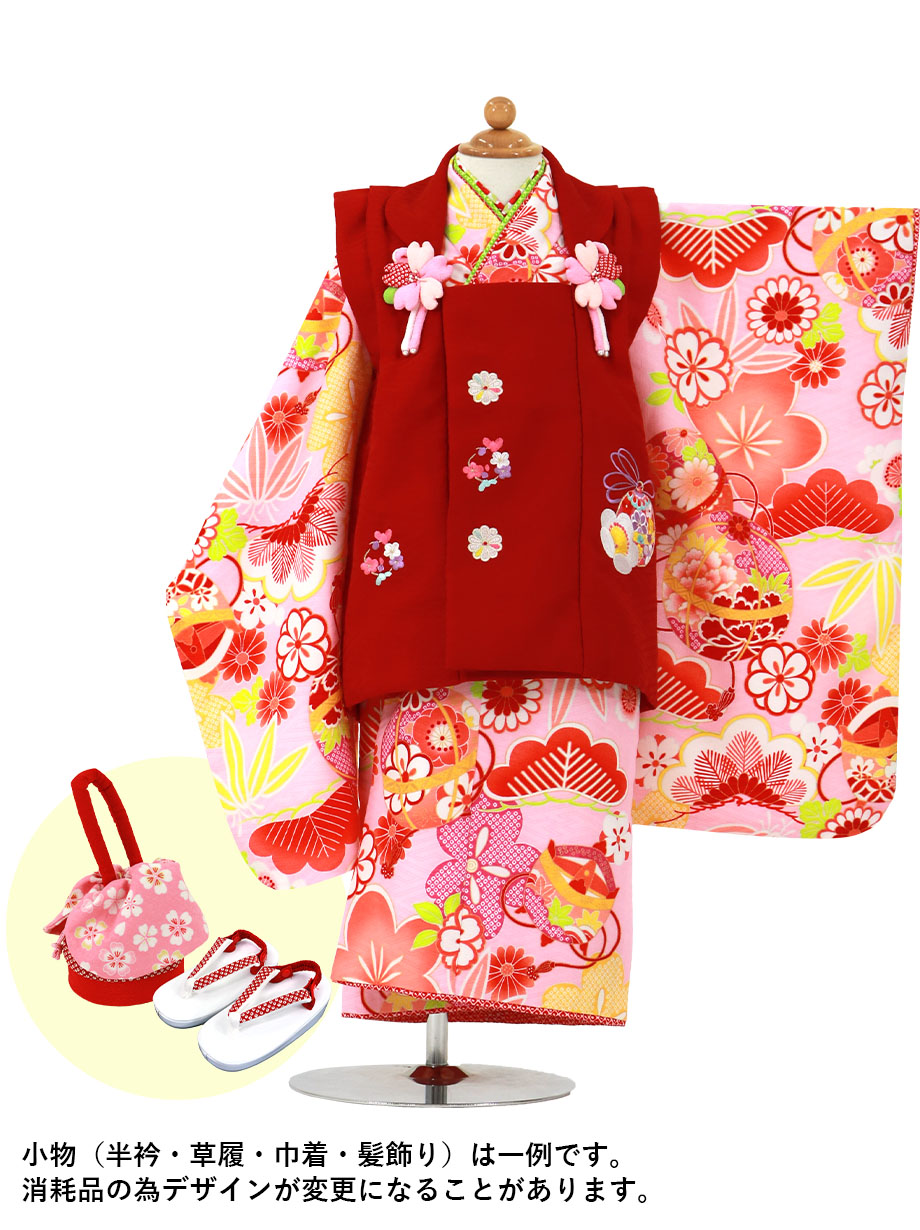 薄ピンク地に花糸車、赤の被布コートセット／七五三・三歳女の子