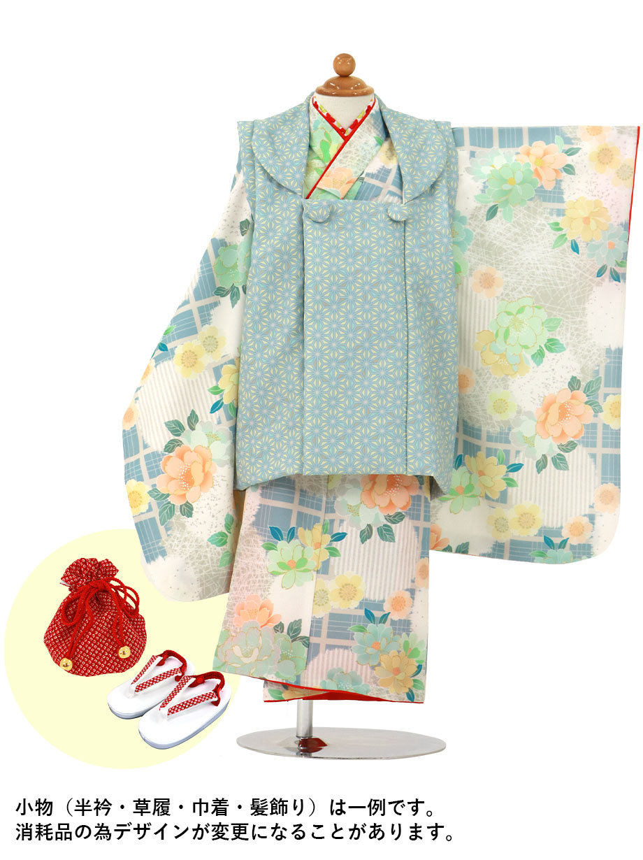 【夏におすすめ】 ブルーに桜と翁格子、麻の葉の被布コートセット／七五三・三歳女の子