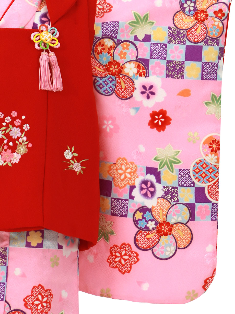 ピンク地に市松模様と梅、赤の被布コートセット／七五三・三歳女の子