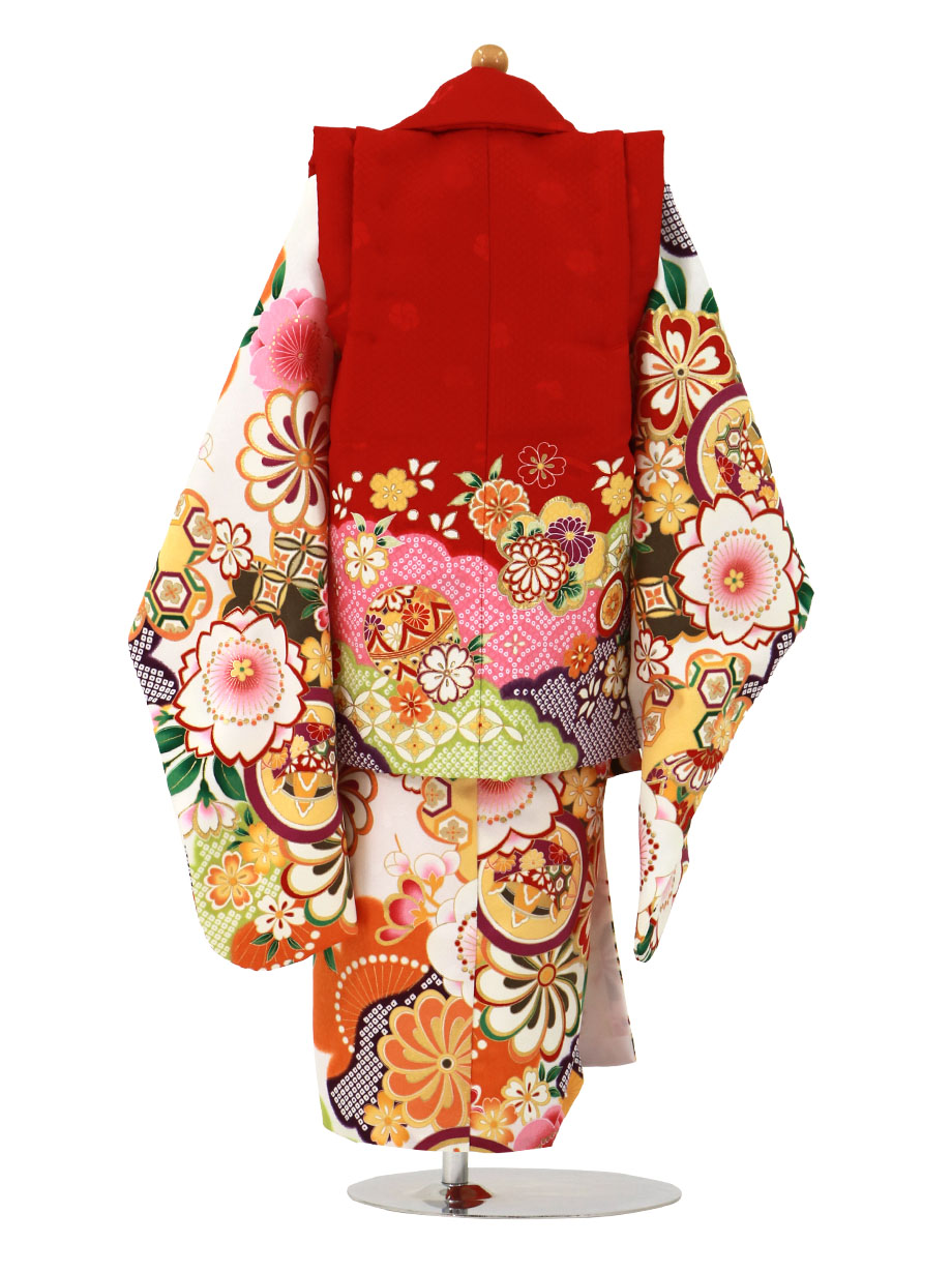 白地に桜と糸車、赤の被布コートセット／七五三・三歳女の子