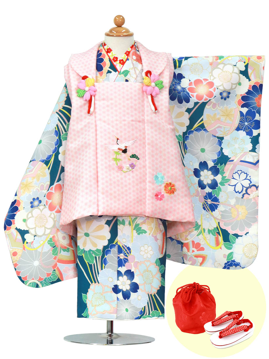 濃い青地にまりと桜、ピンクの麻の葉の被布コートセット／七五三・三歳女の子
