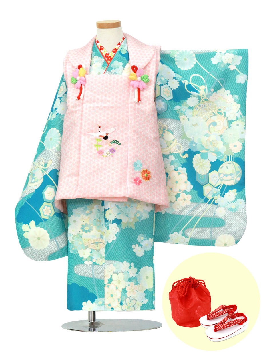 青磁色に疋田のエ霞、ピンクの被布コートセット／七五三・三歳女の子