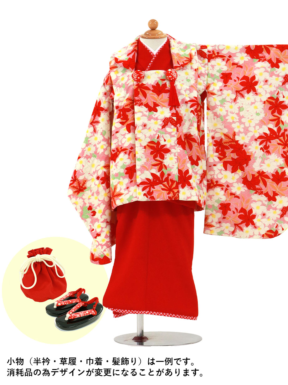 《はいばら》赤の着物、ピンクに桜や紅葉の被布コートセット／七五三・三歳女の子