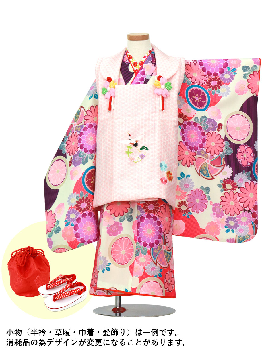 【2022新作】クリーム地に花紋と風車の着物、ピンクの麻の葉被布コートセット／七五三・三歳女の子