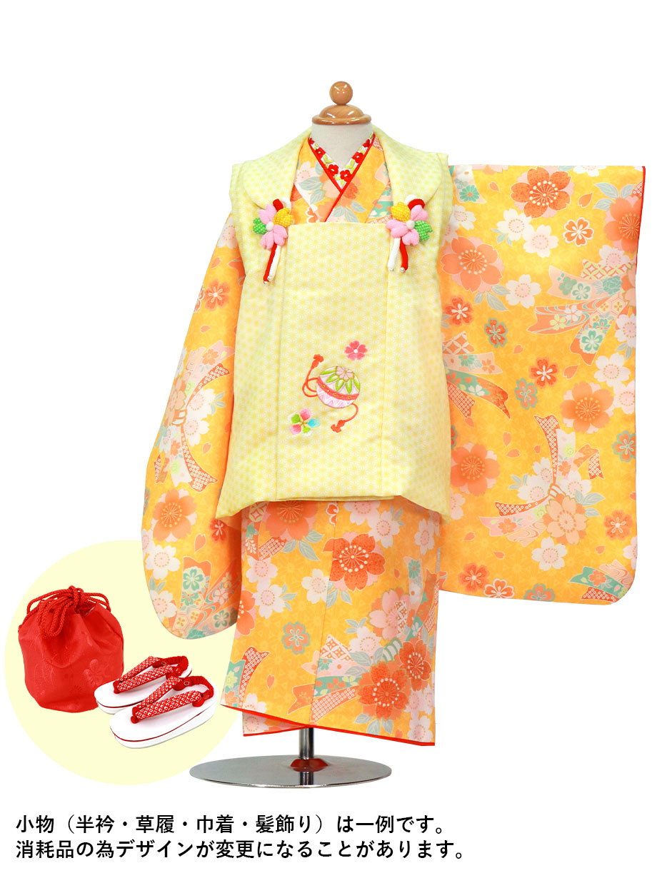 【2022新作】黄色の桜と束ね熨斗の着物、黄色の麻の葉被布コートセット／七五三・三歳女の子