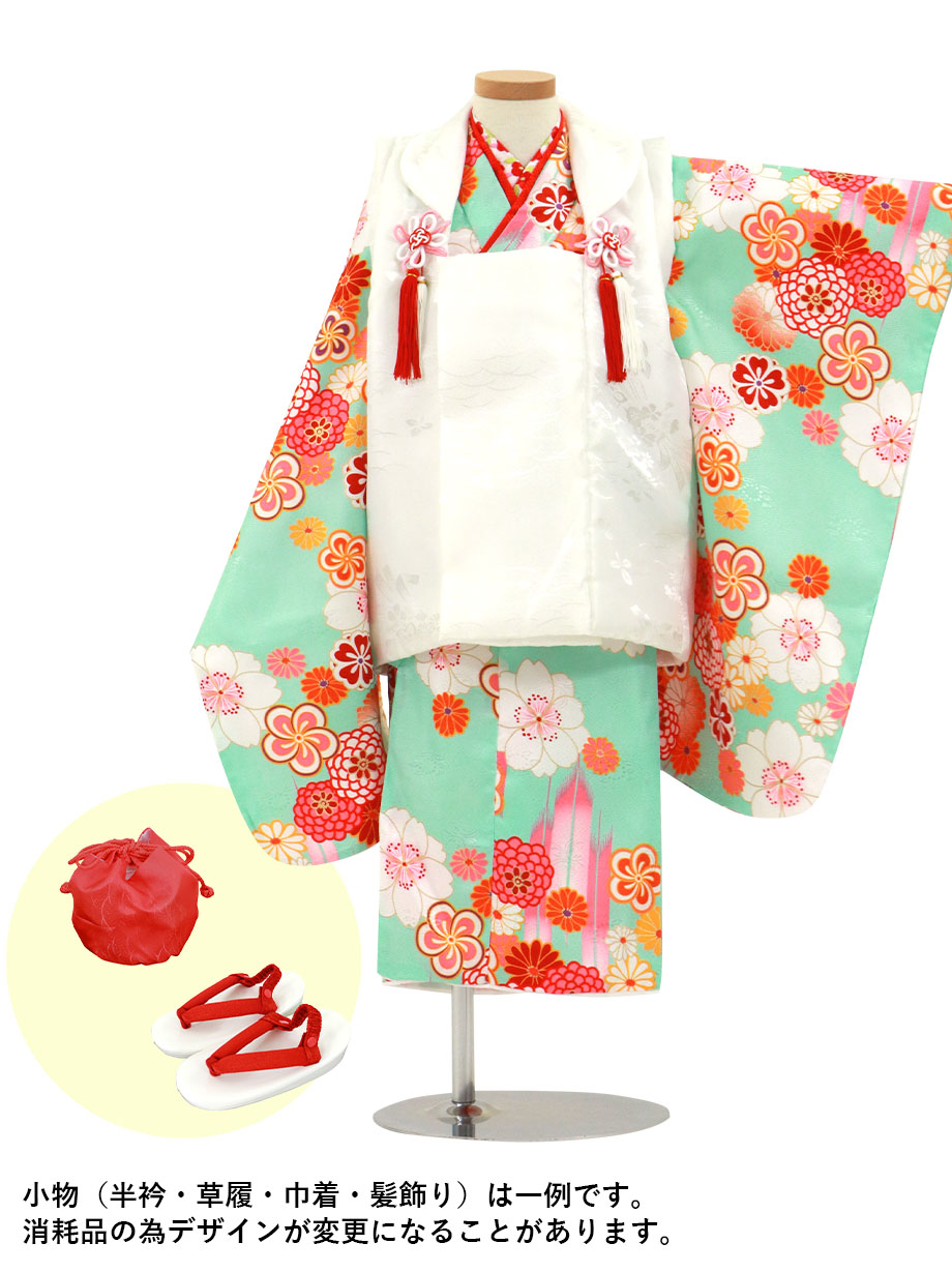 水色地に桜と矢絣、白の被布コートセット／七五三・三歳女の子