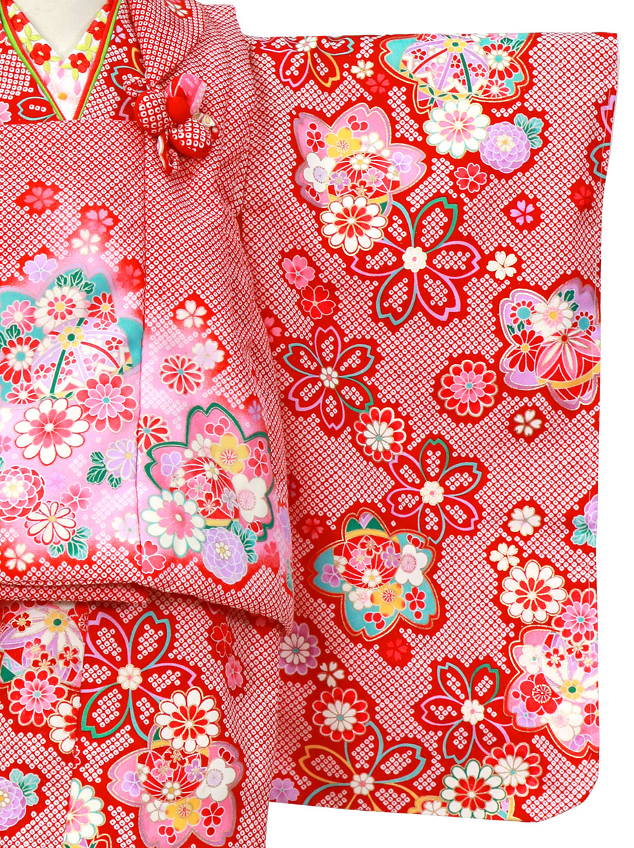赤地に疋田と桜、赤の被布コートセット／七五三・三歳女の子