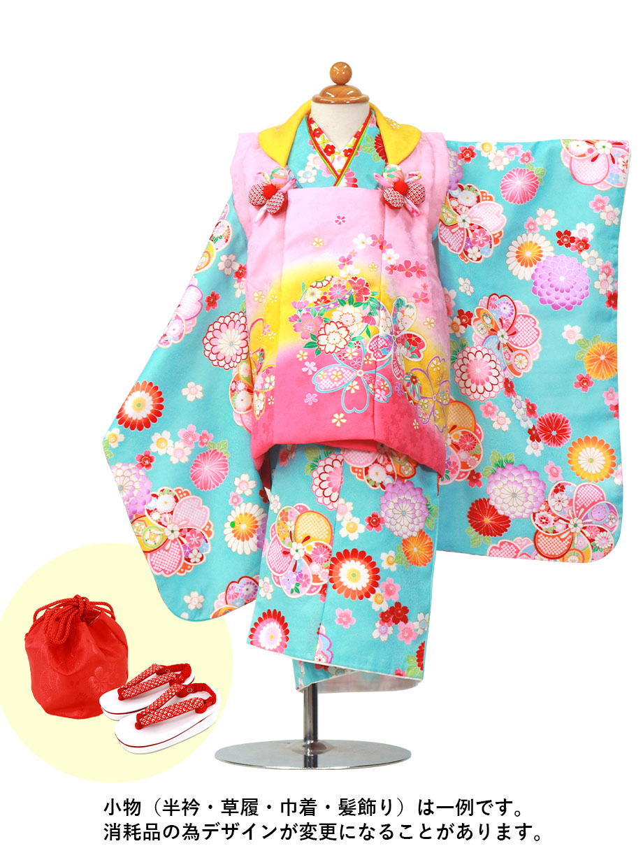 水色地に桜と梅、黄色とピンクの被布コート／七五三・三歳女の子