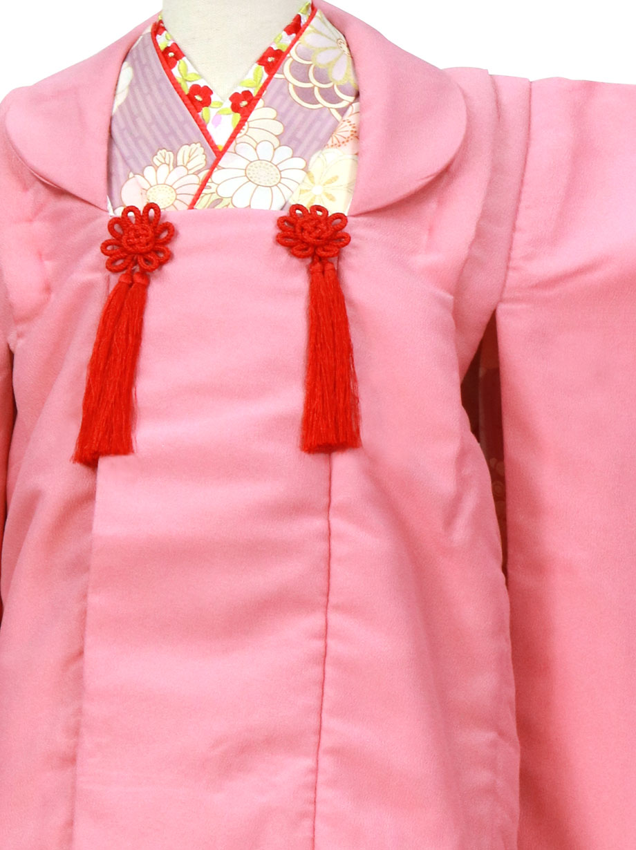 薄紅藤の縞模様に菊や梅の着物、ピンクの被布コートセット／七五三・三歳女の子