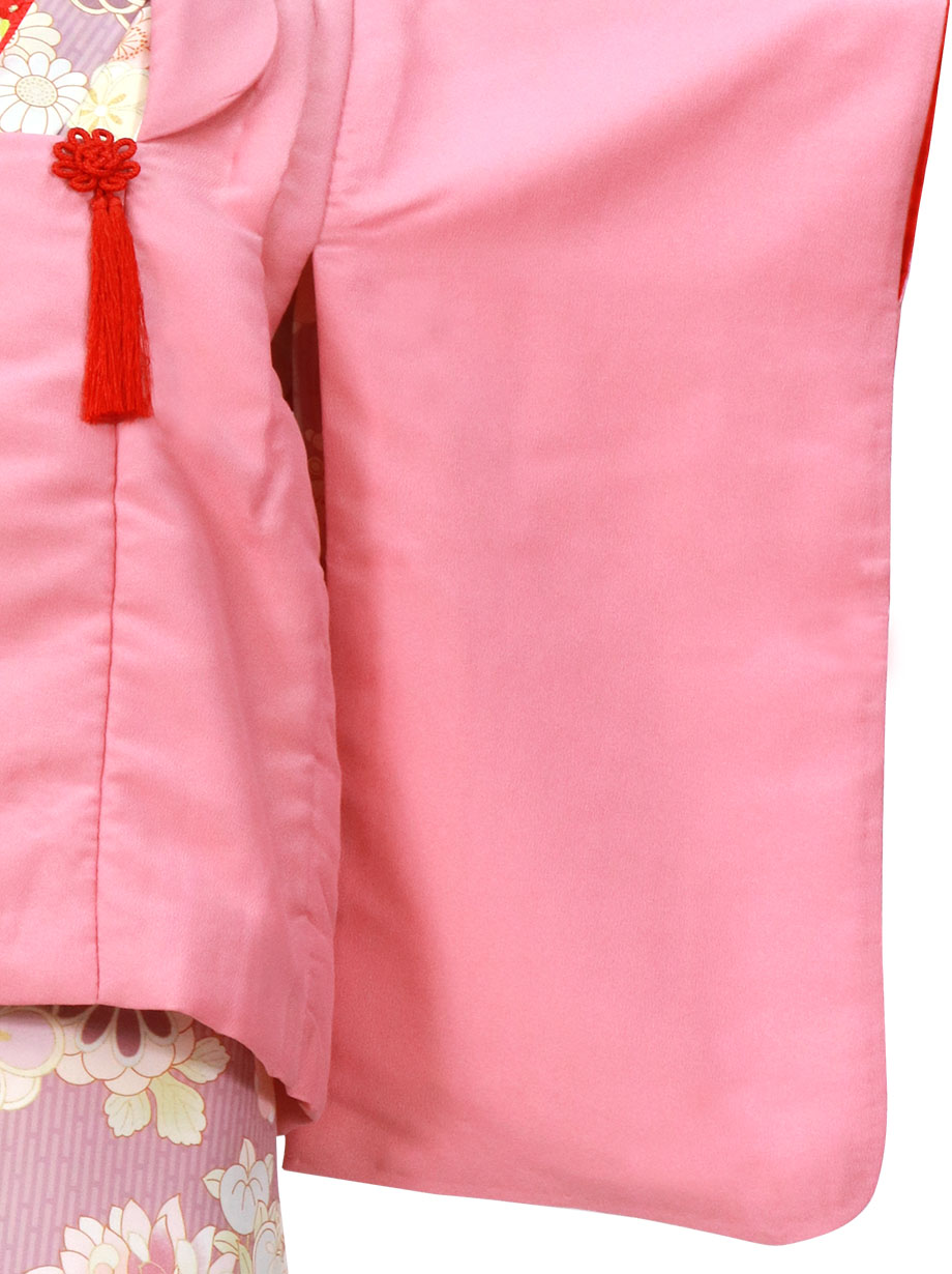 薄紅藤の縞模様に菊や梅の着物、ピンクの被布コートセット／七五三・三歳女の子