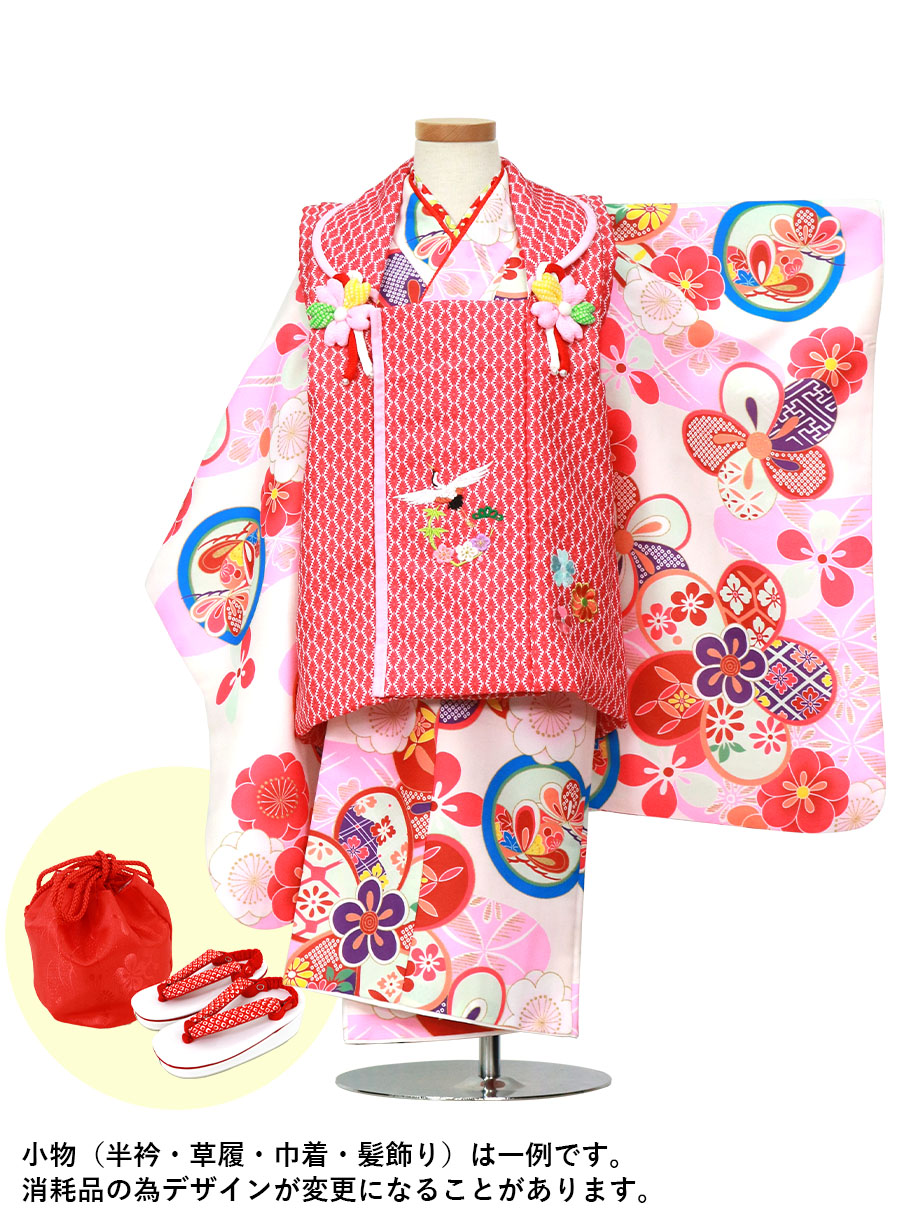 白地にピンクと丸紋、赤の被布コートセット／七五三・三歳女の子