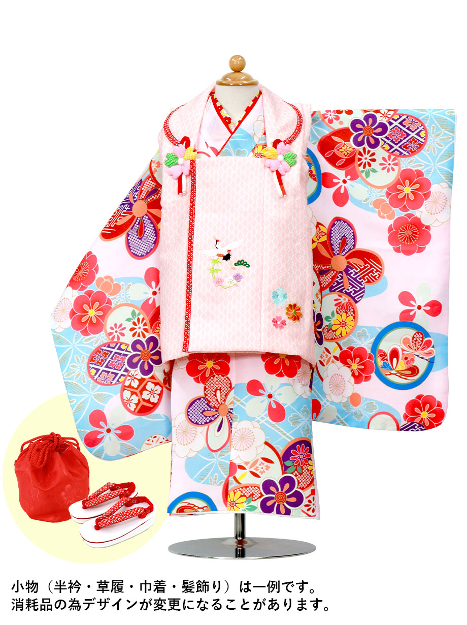【2022新作】桜色地に水色と丸紋、ピンクと赤の被布コートセット／七五三・三歳女の子*