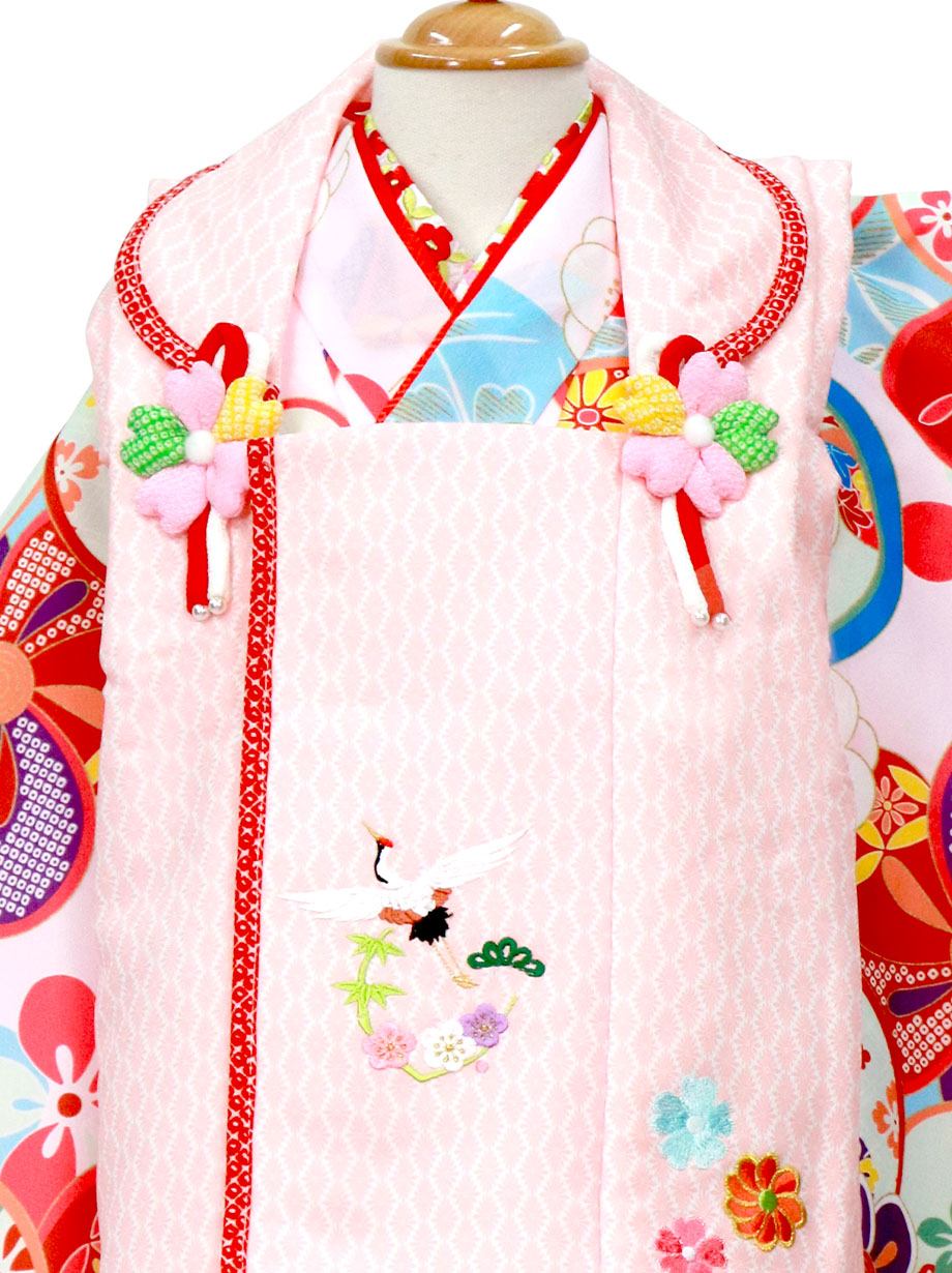 桜色地に水色と丸紋、ピンクと赤の被布コートセット／七五三・三歳女の子