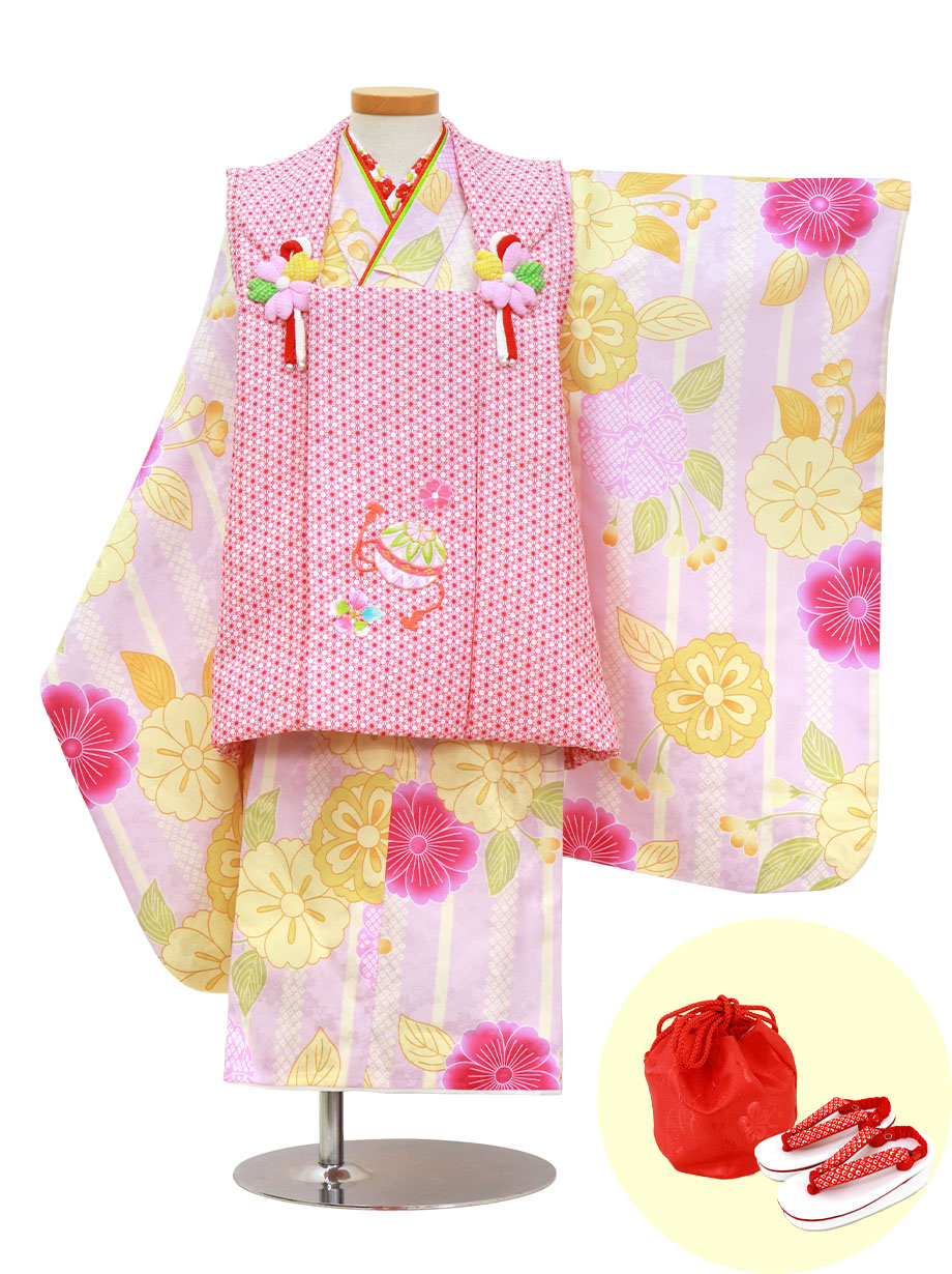 ピンク地に桜とストライプの着物、赤地の麻の葉の被布コートセット／七五三・三歳女の子