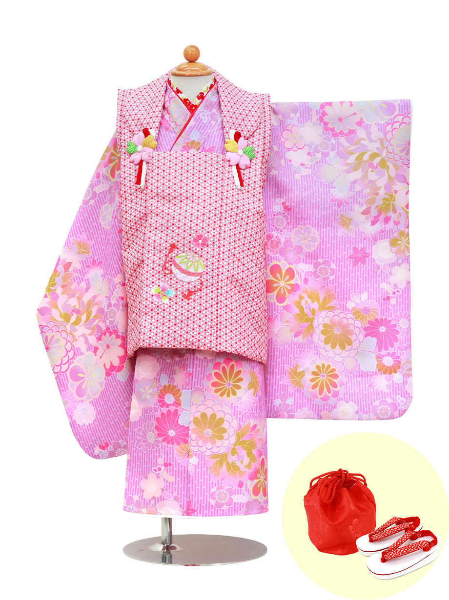 紫のストライプにに百花の着物、赤地の麻の葉の被布コートセット／七五三・三歳女の子