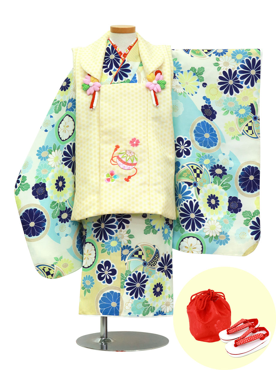 青と水色の花紋と風車の着物、黄色の被布コートセット／七五三・三歳女の子