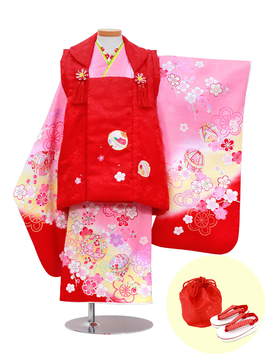 【2022新作】ピンクに鞠と梅の着物、赤の被布コートセット／七五三・三歳女の子