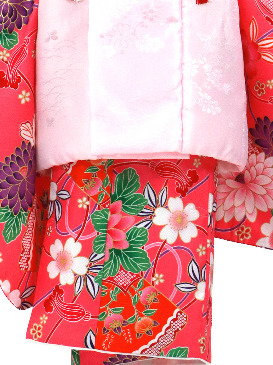 ピンク地に桜と菊、扇の着物、赤の被布コートセット／七五三・三歳女の子*