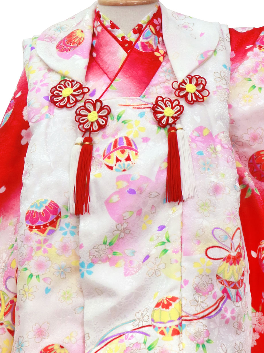 赤地に鞠と桜の着物、白の被布コートセット／七五三・三歳女の子