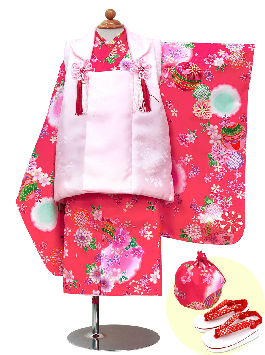 赤地に鈴と菊の着物、被布コートセット／七五三・三歳女の子