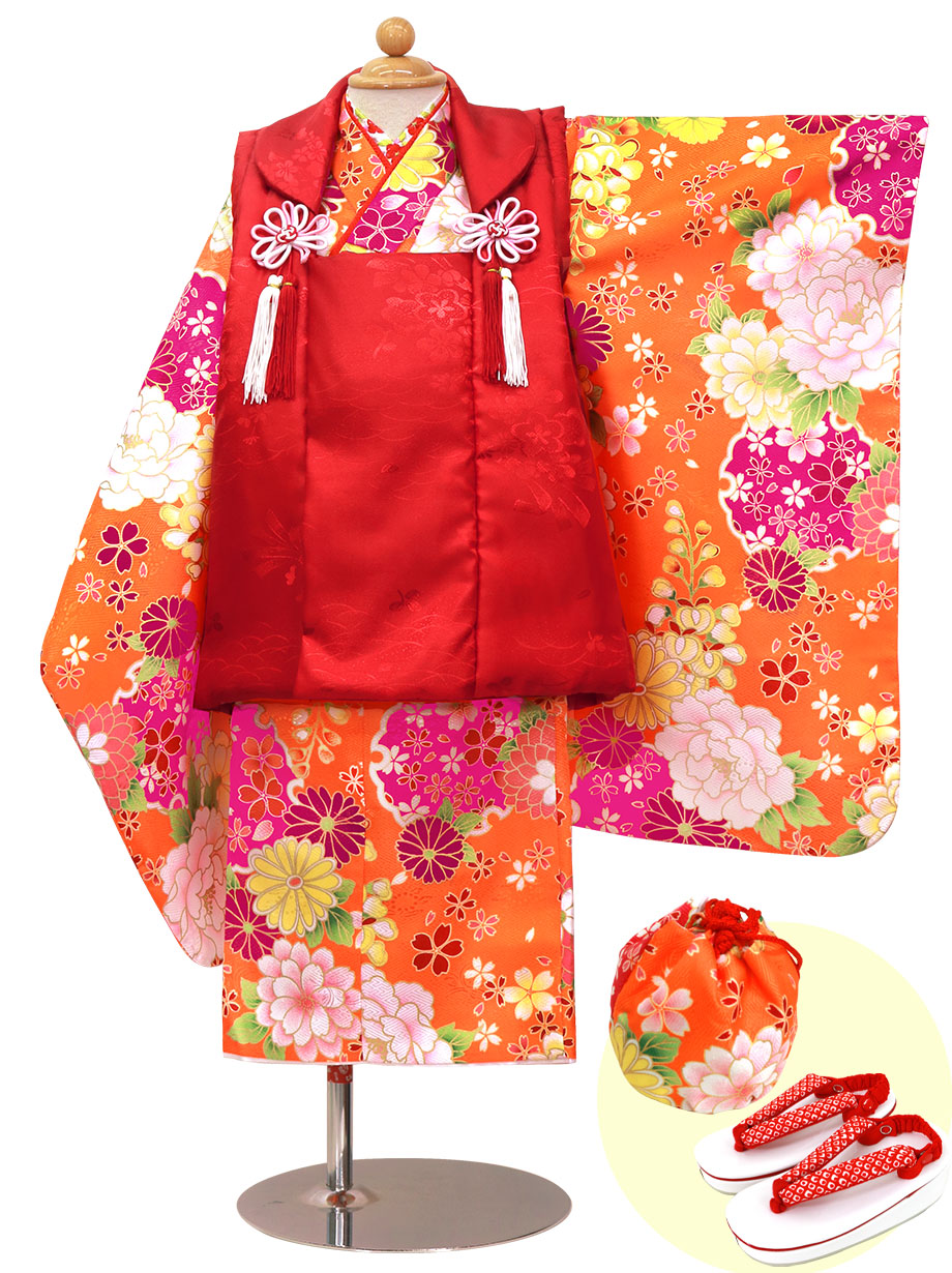 オレンジ地に雪輪と牡丹の着物、赤無地の被布コートセット／七五三・三歳女の子