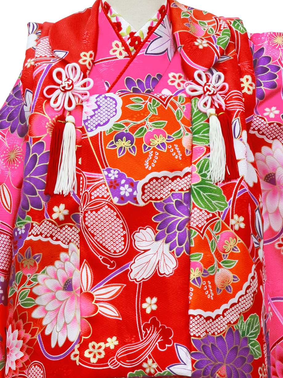 ピンク地に菊と扇の着物、同柄の被布コートセット／七五三・三歳女の子