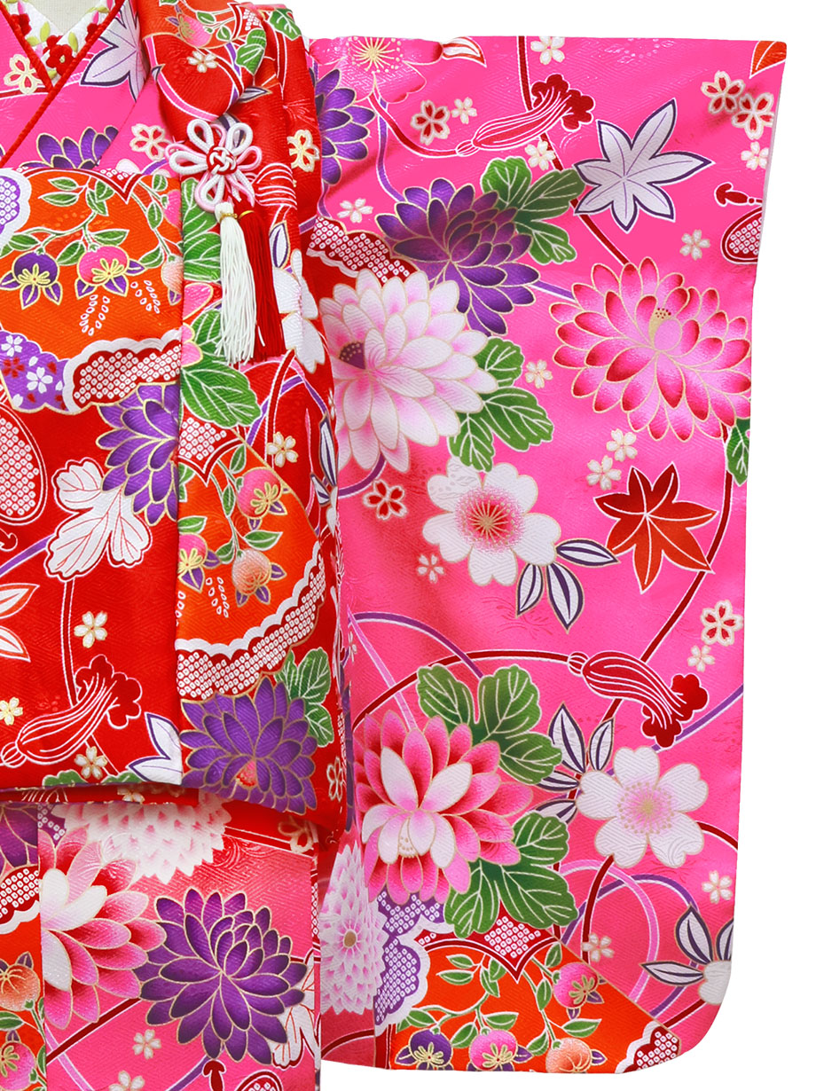 ピンク地に菊と扇の着物、同柄の被布コートセット／七五三・三歳女の子