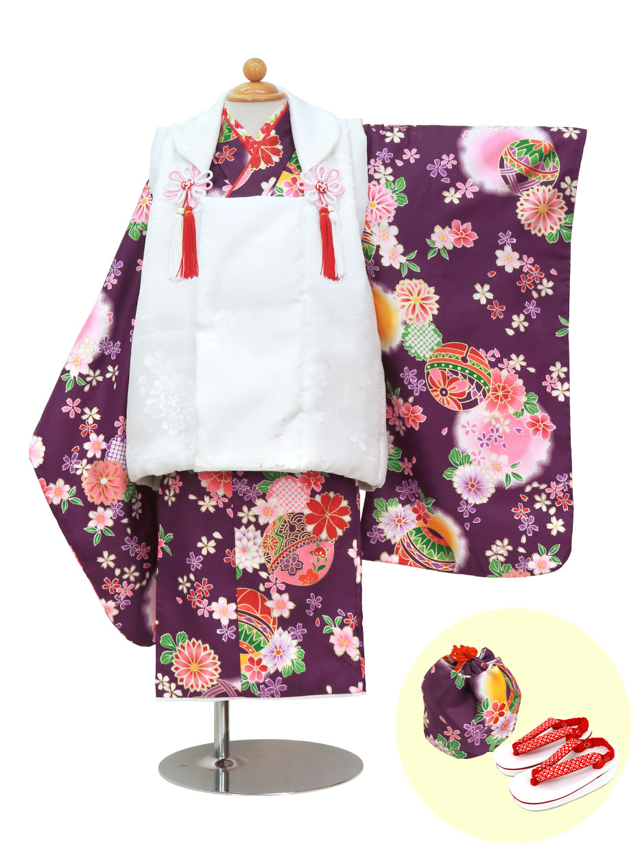濃い紫に鞠と桜の着物、白無地の被布コートセット／七五三・三歳女の子
