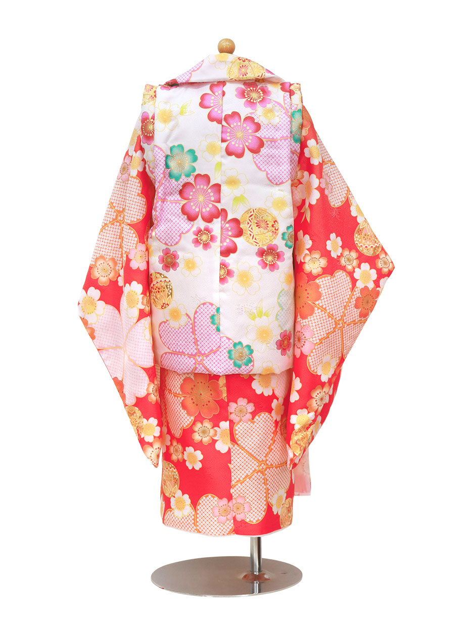 赤地に桜と鞠の着物、ピンク地に桜と鞠の被布コートセット／七五三・三歳女の子