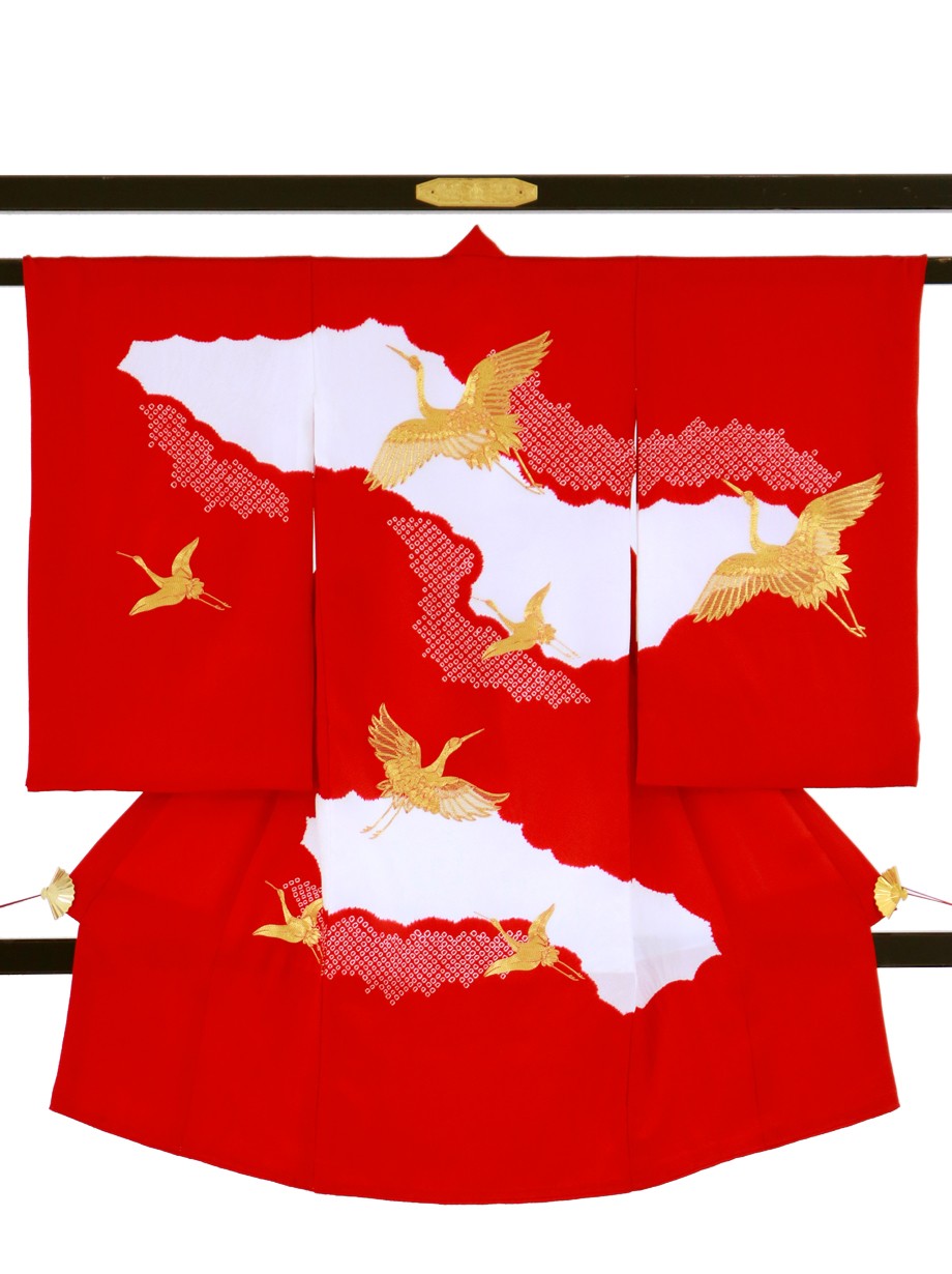 赤地に疋田、鶴の祝い着（産着）／女児