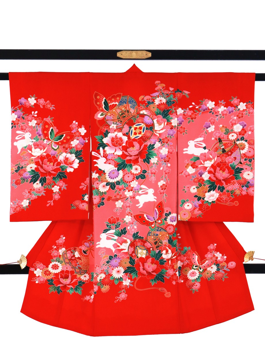 赤地に鼓とうさぎの祝い着（産着）／女児