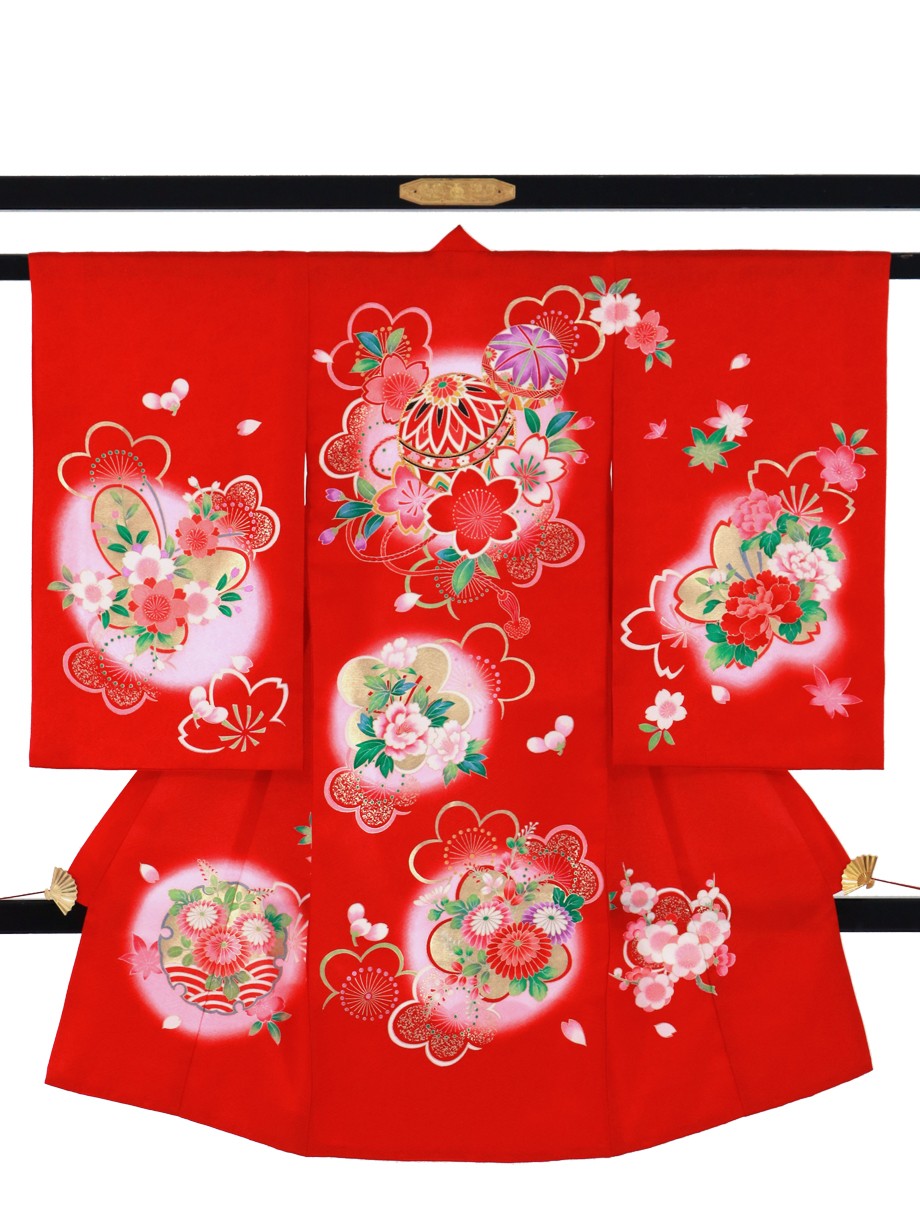 赤地に鞠と桜の祝い着（産着）／女児*