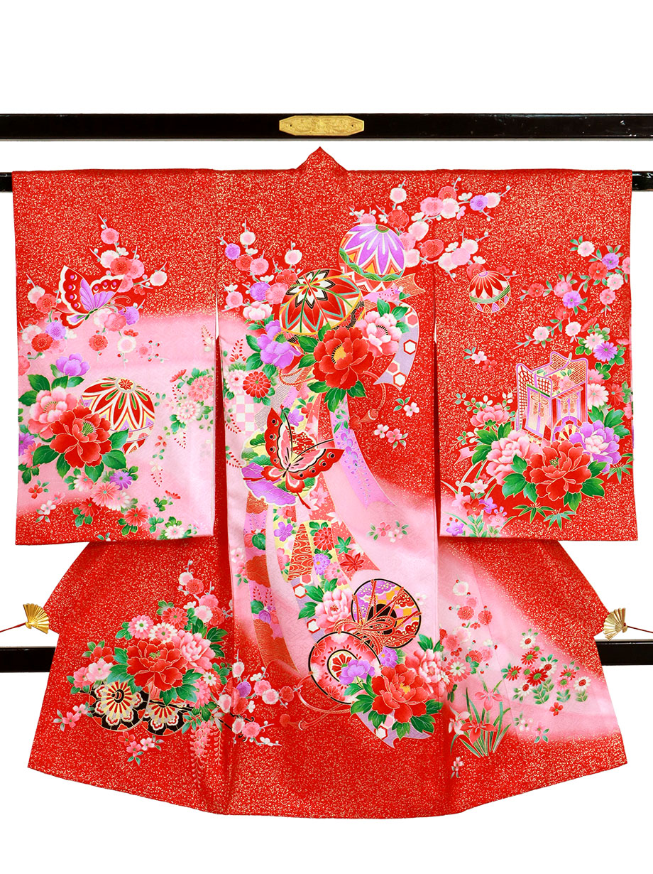 赤と金箔地に鞠と鼓、熨斗の祝い着（産着）／女児