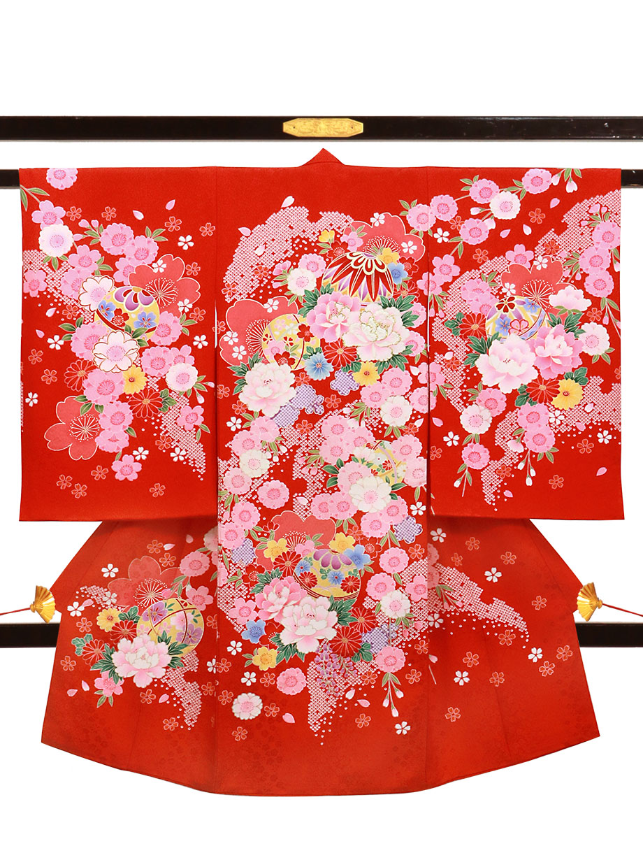 【2022新作】赤地に鞠と牡丹、桜の祝い着（産着）／女児