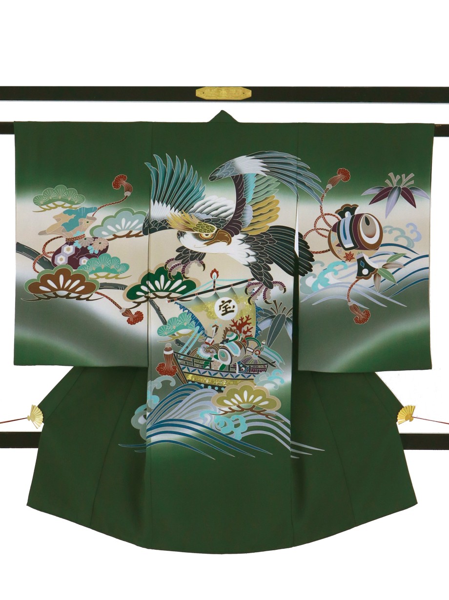 お宮参り産着／深緑地に鷹と宝船の祝い着／男児