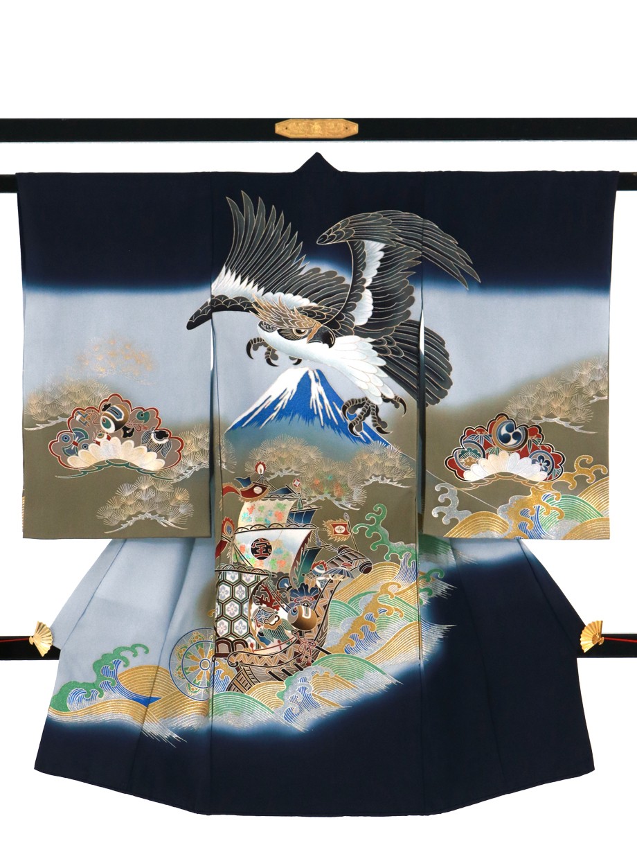紺地に鷹と富士山、宝船の祝い着（産着）／男児